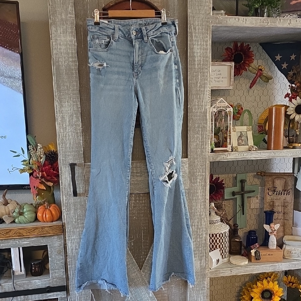American Eagle Outfitters Light Blue Distressed Flare Jeans